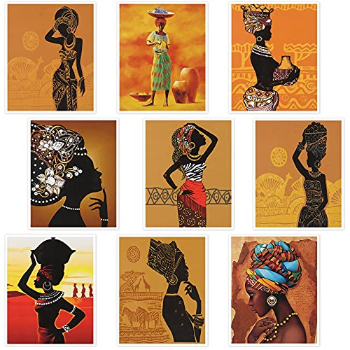 9 Pieces African American Wall Art Painting Retro Style Black Woman Ethnic Ancient Theme Diamond Girl Room Poster Black Art Painting Bedroom Bathroom Decor Unframed, 8 x 10 Inch