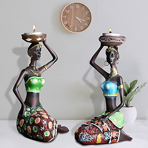 2 Pack African Women Statue Figurine Candle Holder, 8.5" Traditional Tribal Lady Statue Decorative Sculpture Candle Holder Centerpieces for Tabletop Dining Room African American Vintage Gift