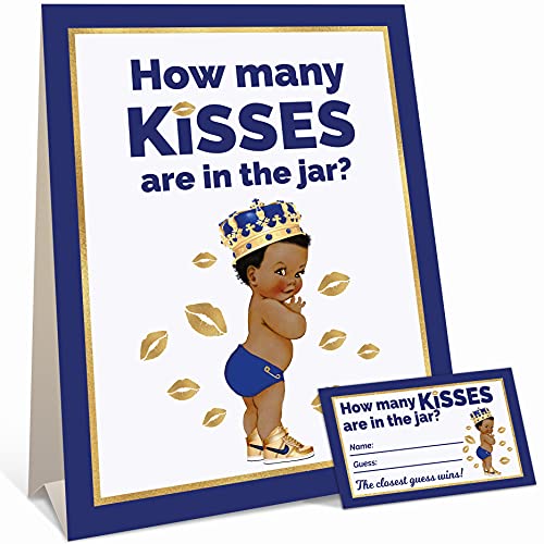 African American Little Prince Baby Shower Games for Boy - Guess How Many Kisses Game (Sign with 30 Cards)