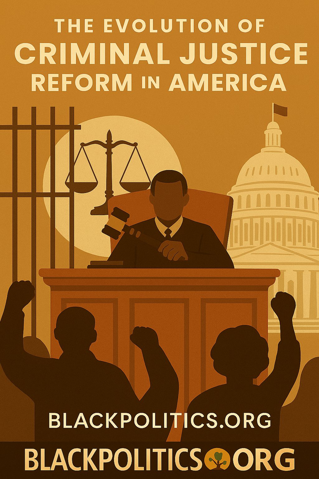 Symbolic illustration of criminal justice reform in America — broken gavel blooming into a tree rooted in community, branded with BlackPolitics.org