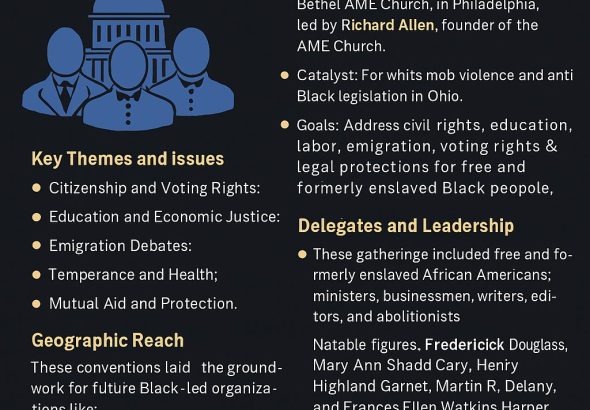 Infographic showing the origins, themes, leaders, and legacy of the Colored Conventions Movement