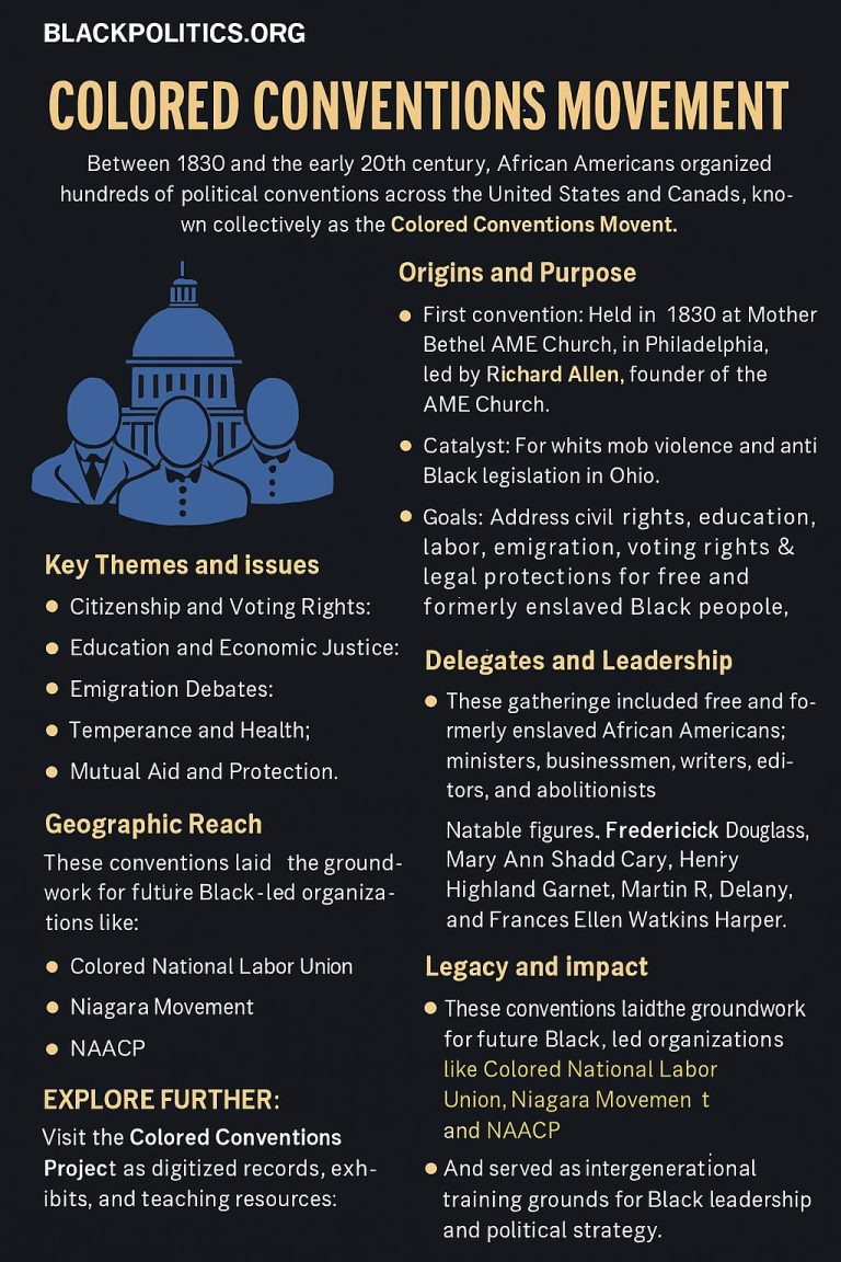 Infographic showing the origins, themes, leaders, and legacy of the Colored Conventions Movement