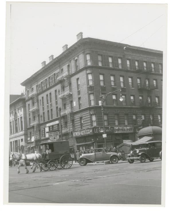 Left, the corner of 135th Street and what is now Malcolm X Boulevard in the 1920s, near where Lillian Harris sold her traditional Southern meals. Above, Benja Kay Thomas playing Harris in the play “Pigfoot Mary Says Goodbye to the Harlem Renaissance.”