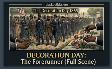 Thousands of freed Black residents and school children marching at the Washington Race Course in Charleston, South Carolina on May 1, 1865, to celebrate the first Decoration Day.