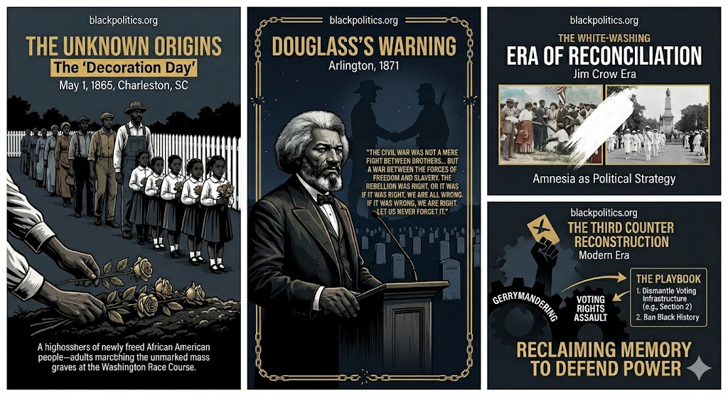 Black history of Memorial Day - A structural infographic mapping the modern political playbook: linking current legislative attacks on voting infrastructure (like Section 2 of the VRA) directly to the systematic censorship of authentic Black history.