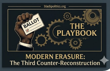 Infographic displaying the modern playbook of the Third Counter-Reconstruction, showing the connections between gerrymandering, voting rights assaults, and bans on Black history.