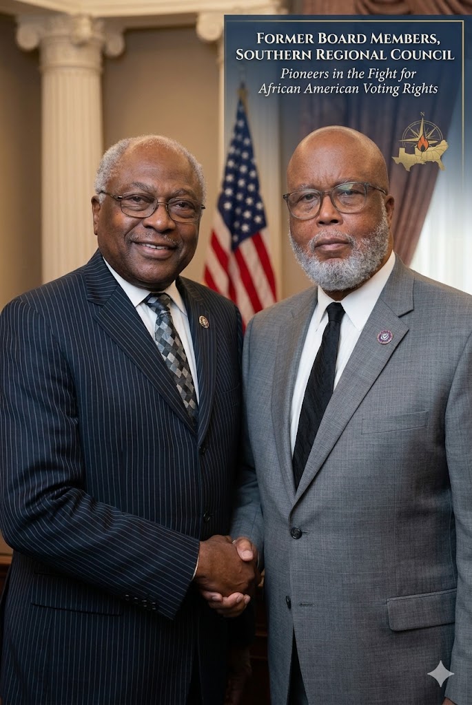 A high-fidelity, professional portrait of Congressmen James Clyburn and Bennie Thompson standing side-by-side in a formal Washington D.C. office. Congressman Clyburn, on the left, wears a dark pinstripe suit and patterned tie. Congressman Thompson, on the right, wears a grey suit, spectacles, and a black tie. They look forward with serious, resolute expressions. The background features blurred classical architecture, heavy drapes, and an American flag, symbolizing institutional leadership. The lighting is soft and authoritative.