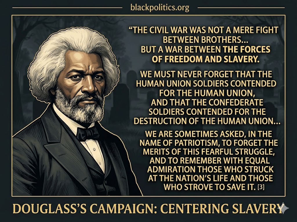 Frederick Douglass Arlington Speech - Illustration of Frederick Douglass delivering his famous 1871 Decoration Day speech at Arlington National Cemetery with a text overlay about the Civil War being fought over freedom and slavery.