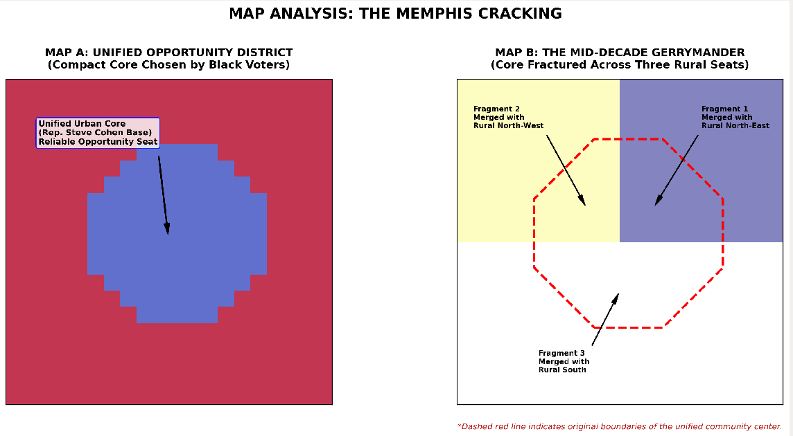 Two-panel conceptual map diagram illustrating the mechanics of gerrymandering titled 'Map Analysis: The Memphis Cracking'. Map A, labeled 'Unified Opportunity District,' shows a solid blue circular shape representing a unified urban core inside a red background square. Map B, labeled 'The Mid-Decade Gerrymander,' shows that same circular shape outline fractured by a dashed red line into three distinct segments, each swallowed by a different background color representing fragments merged with Rural North-West, Rural North-East, and Rural South districts.