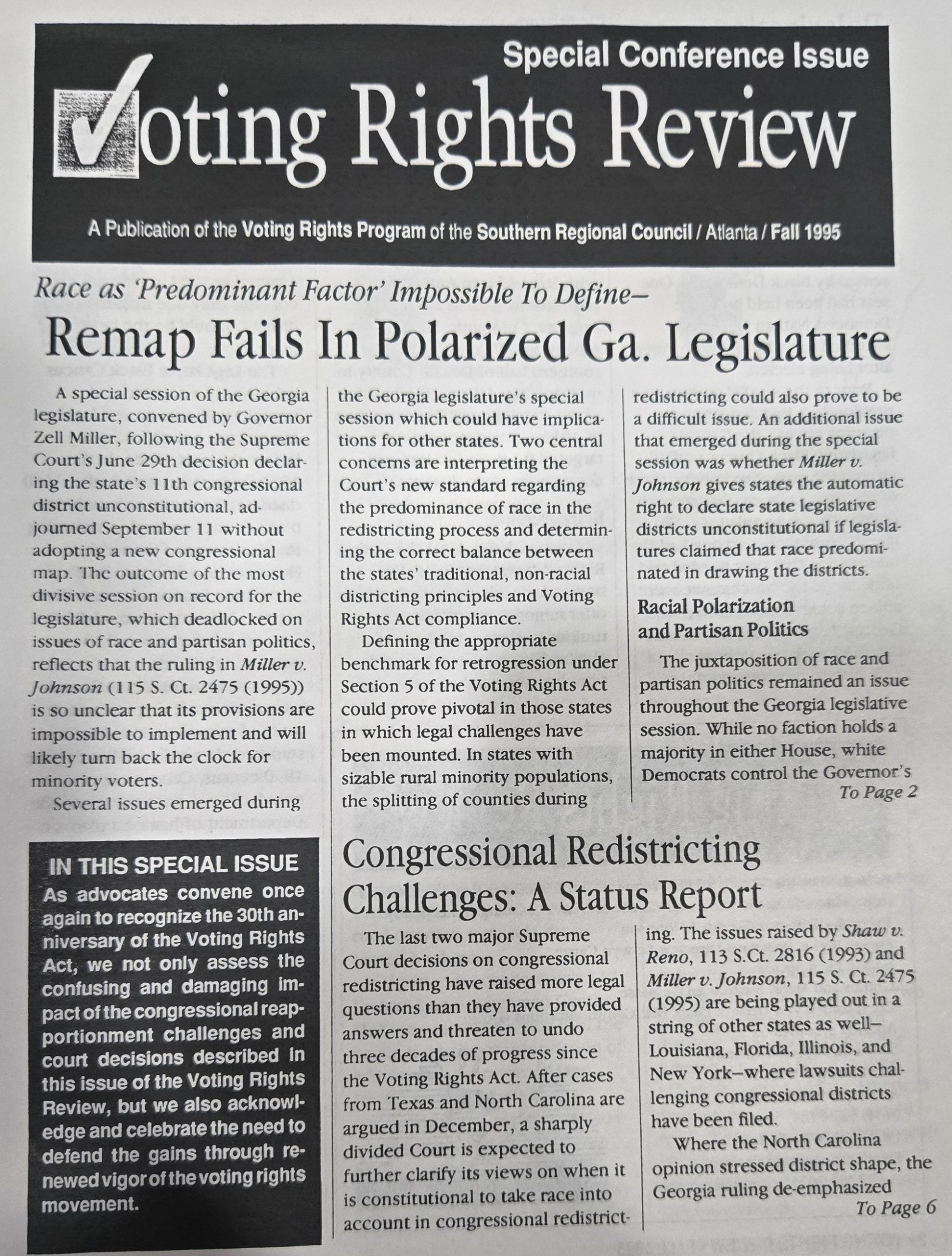 Close-up of the front page of the "Voting Rights Review" Special Conference Issue from Fall 1995, published by the Southern Regional Council. The main headline reads: "Race as 'Predominant Factor' Impossible To Define—Remap Fails In Polarized Ga. Legislature." A secondary headline reads: "Congressional Redistricting Challenges: A Status Report." A black sidebar on the left notes the 30th anniversary of the Voting Rights Act and the need to defend its gains.