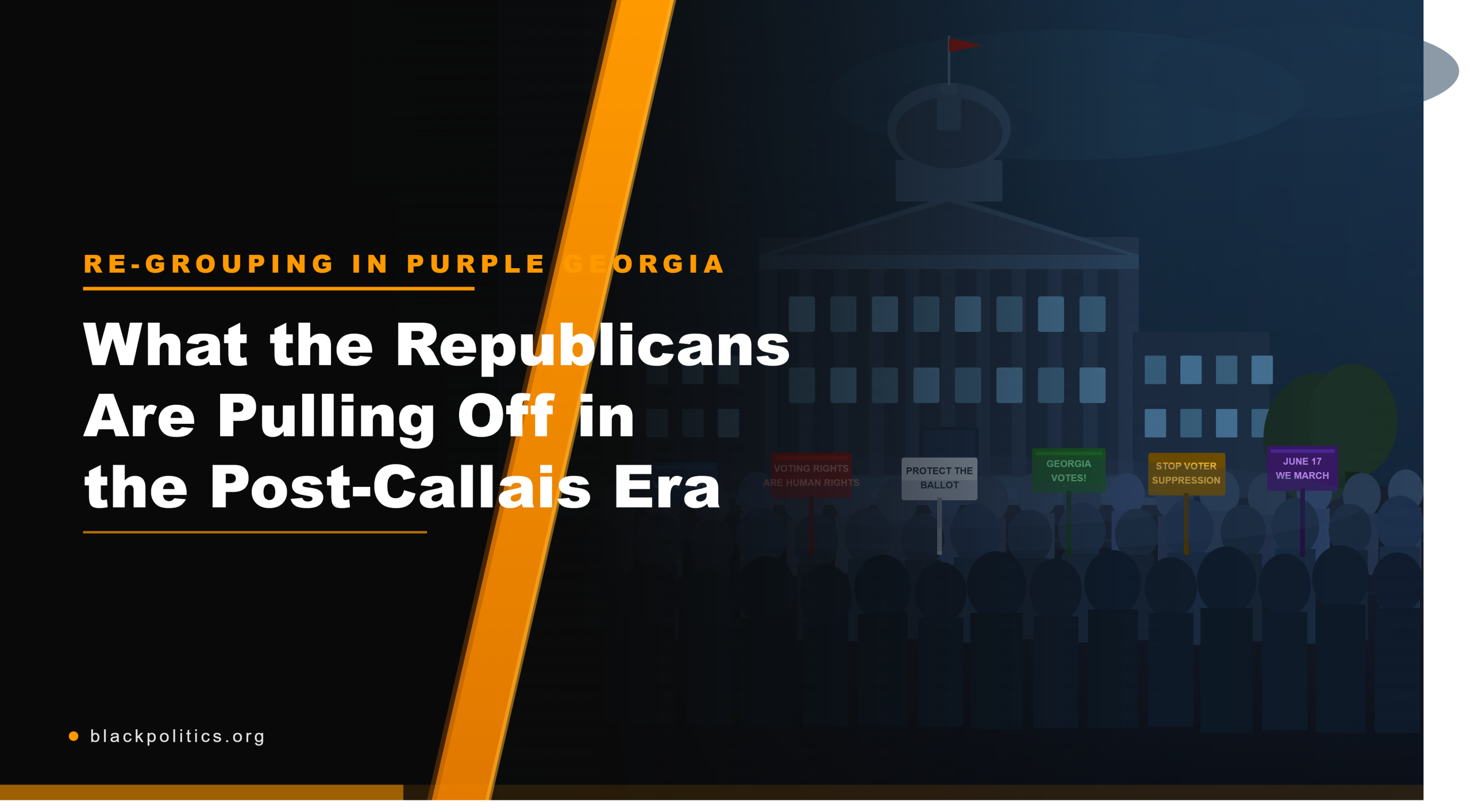 Redistricting Georgia protest graphic featuring a photo overlay of the State Capitol demonstration and black politics branding