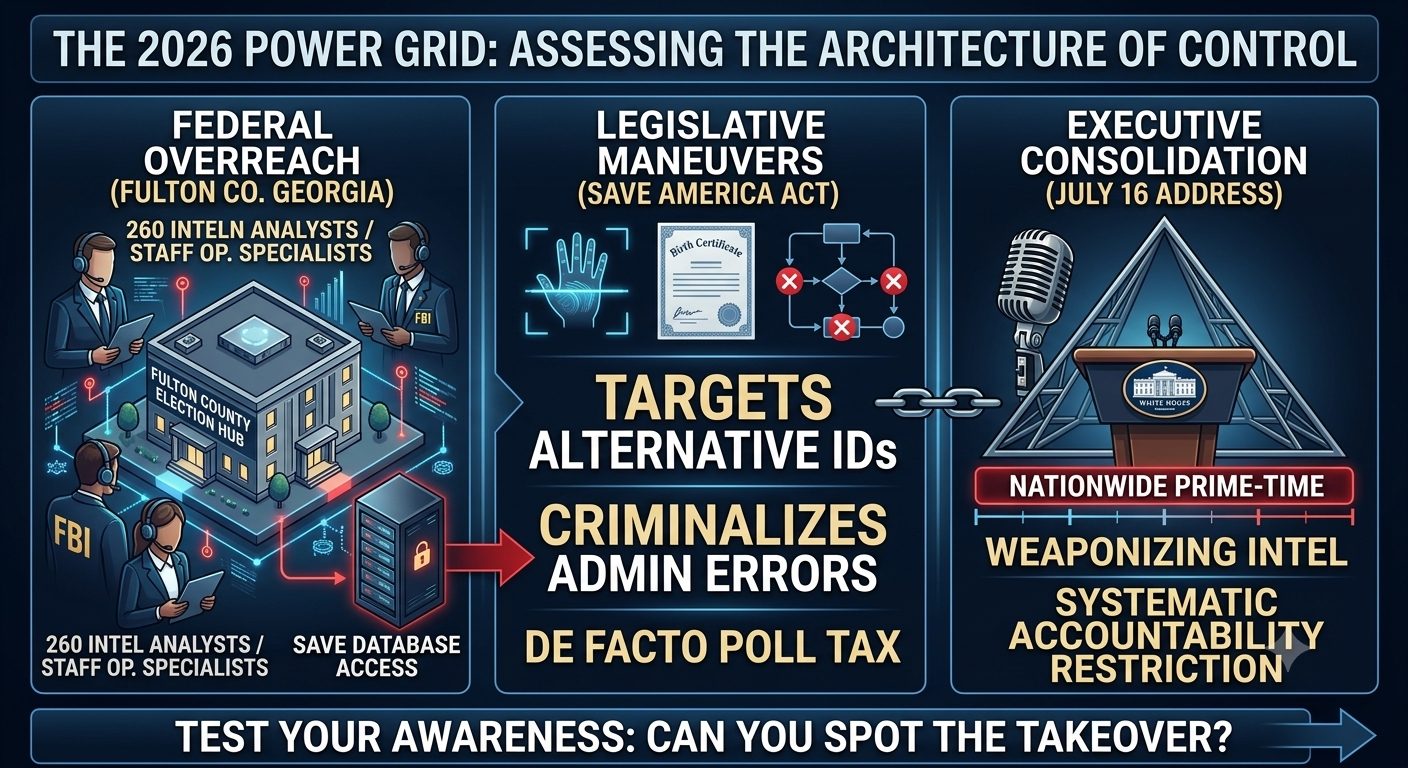 Sleek digital infographic titled 'THE 2026 POWER GRID: ASSESSING THE ARCHITECTURE OF CONTROL,' analyzing FBI operations in Fulton County, Georgia, the SAVE America Act (Voter ID restrictions), and the July 16 White House prime-time address consolidation of executive power.
