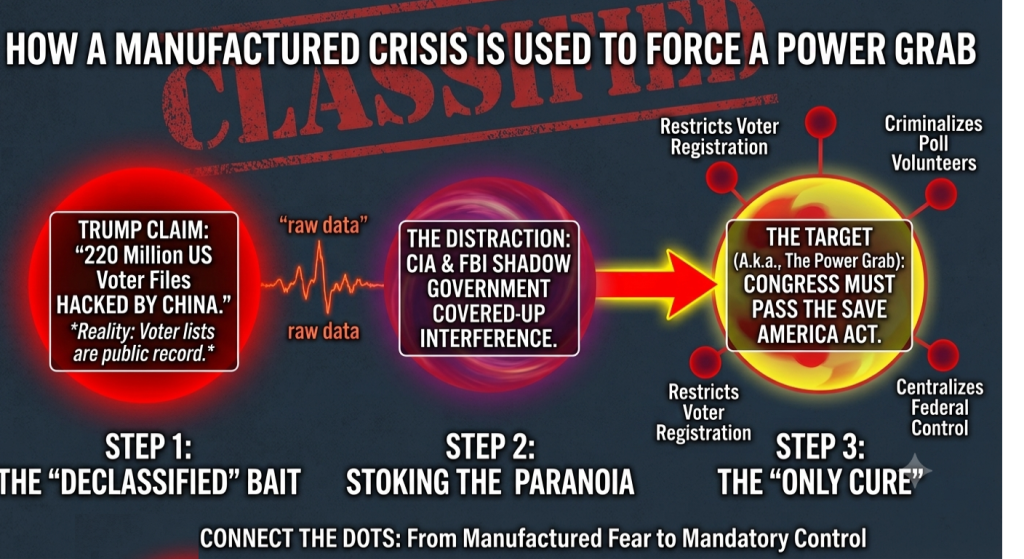 Infographic connecting the dots between the SAVE America Act, voting rights restrictions, and manufactured voter registration barriers.